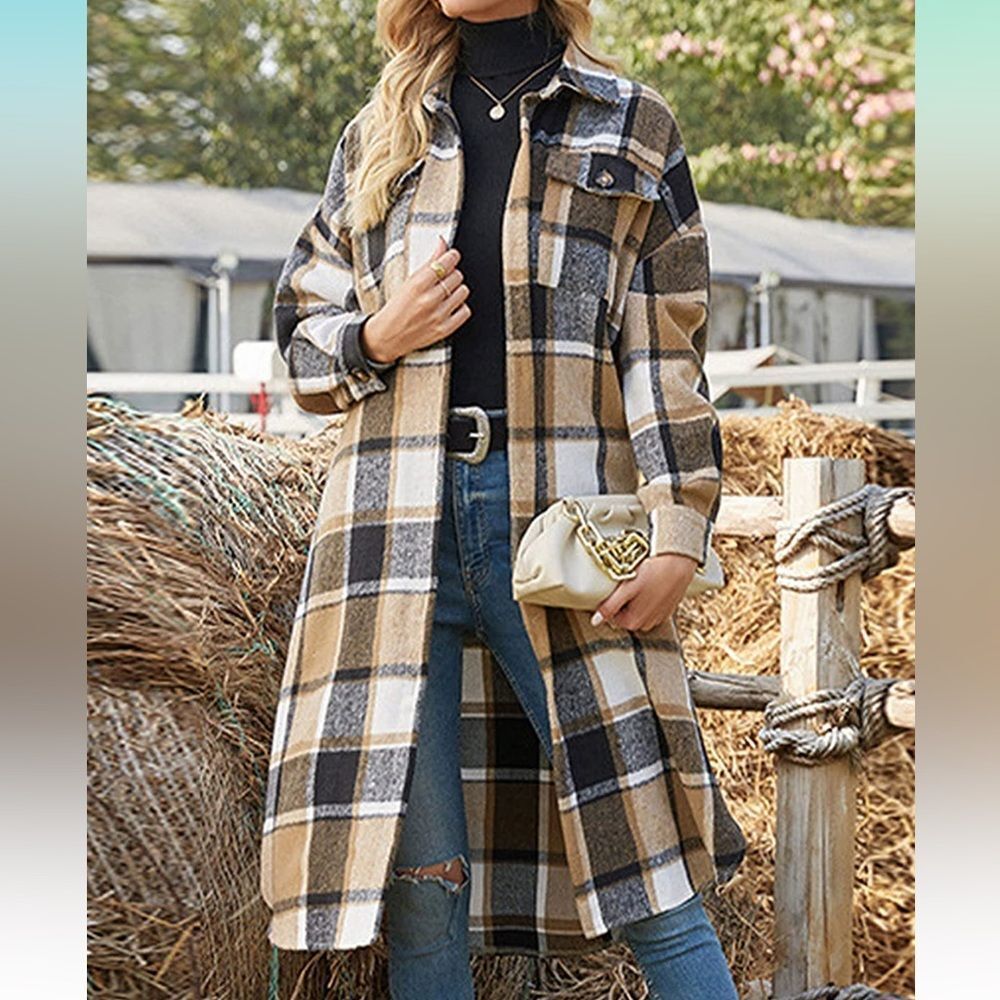 Women's Lounge Lapel Button Down Plaid Jacket Long Shirt Shacket Flannel - Picture 2 of 6